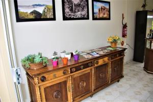 a wooden cabinet with potted plants on top of it at Pousada Kaluana in Urubici