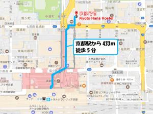 una mappa dell'ospedale di Koko Haruka con una mappa di Kyoto Hana Hostel a Kyoto