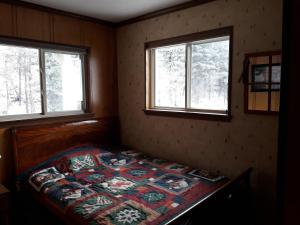 Bett in einem Zimmer mit 2 Fenstern in der Unterkunft 301 D Summit Dr. , Snowshoe Mountains, WV 26209 in Snowshoe