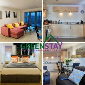 ニューカッスル・アポン・タインにある"Clarence Court Newcastle" by Greenstay Serviced Accommodation - Stunning 1 Bed Apt In City Centre With Parking & Balcony-Sleeps 4 - Perfect For Contractors, Business Travellers, Couples & Families - Fast Wi-Fi - Long Stays Welcomeの台所とリビングの絵画のコラージュ