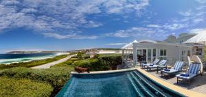 a dog sitting on the edge of a swimming pool in front of a house at Periwinkle Lodge Guest House in Plettenberg Bay