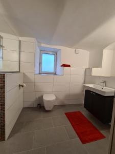 een badkamer met een toilet, een wastafel en een raam bij wohnung-nummer-2 in Pielenhofen
