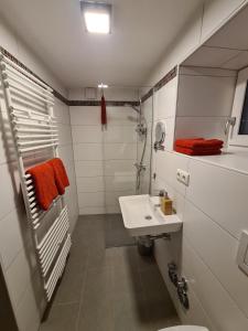 a white bathroom with a sink and a toilet at wohnung-nummer-1 in Pielenhofen