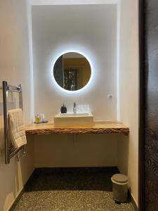 W łazience znajduje się umywalka i lustro. w obiekcie L’Estive d’Aubrac w mieście Aubrac
