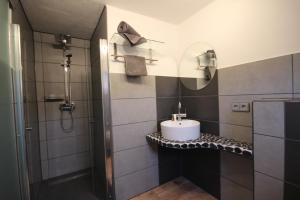 een badkamer met een wastafel en een spiegel bij Ferienwohnung Fischach in Fischach