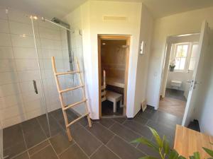 a bathroom with a ladder in the middle of a room at Haus zwischen Mühle und Meer in Boiensdorf