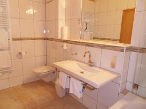 a bathroom with a sink and a toilet and a mirror at Hotel Nassereinerhof in Sankt Anton am Arlberg