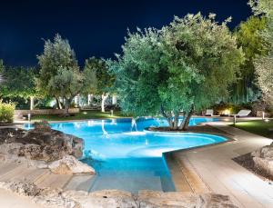 une piscine avec un arbre au milieu dans l'établissement Trulli Uliveto Acquafonda, à Alberobello