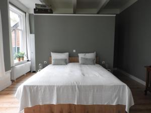 1 dormitorio con 1 cama grande con sábanas blancas en Het Ellerhoes, en Bedum