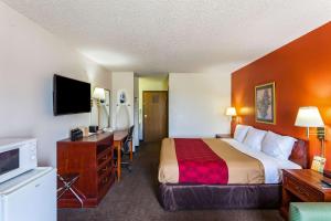 a hotel room with a bed and a desk and a television at Econo Lodge Lincoln in Lincoln