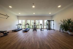 un gimnasio con cintas de correr y elípticas en una habitación con suelo de madera en Hotel Alpenflora, en Castelrotto