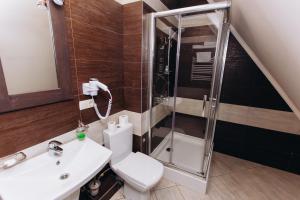 a bathroom with a shower and a toilet and a sink at Kanada in Berezovka