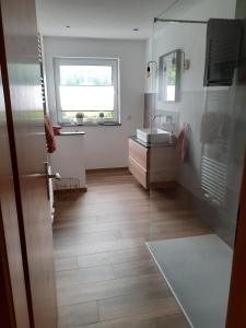 a bathroom with a sink and a mirror at Helle, moderne Ferienwohnung am Waldrand in Prüm für max 4 Personen in Prüm