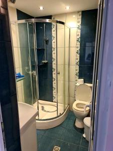 a bathroom with a shower and a toilet and a sink at три стаен лукс апартамент in Razgrad