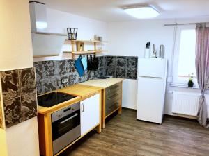 a kitchen with a white refrigerator and a sink at Lisas Gästehaus in Neckartenzlingen +36 photos