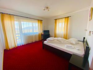 a bedroom with a large bed with a red carpet at Pensiunea Soarelui in Fundata