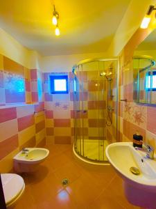 a bathroom with a sink and a shower and a toilet at Pensiunea Soarelui in Fundata +37 photos