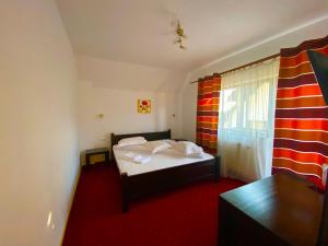 a small bedroom with a bed and a window at Pensiunea Soarelui in Fundata