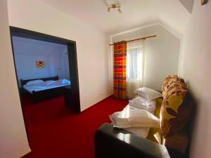 a room with a bedroom with a bed and a couch at Pensiunea Soarelui in Fundata