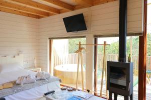 a bedroom with a fireplace and a tv in a room at Aloia Nature, Alojamiento Forestal in Tui