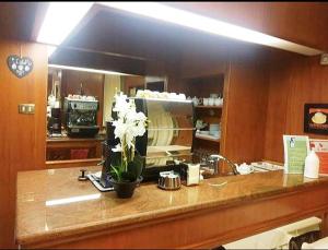 a kitchen with a counter with white flowers on it at Albergo Athena in Rome