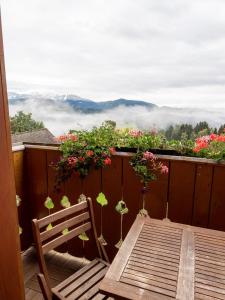 a table and a chair on a balcony with a view at Ferienwohnungen Lichtenegger in Kamp