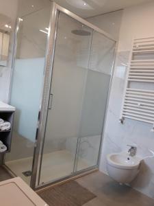 ein Bad mit einer Dusche, einem WC und einem Waschbecken in der Unterkunft Appartamento In Montagna in Venas