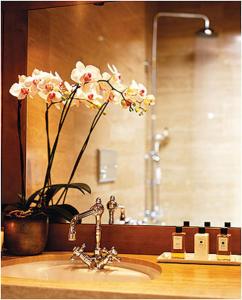 un lavandino in bagno con un fiore davanti a uno specchio di Chalet Zen Zermatt, 100m from Ski Lift and Piste a Zermatt