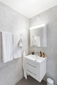 a bathroom with a white sink and a mirror at Olympia Homes beautifully furnished flats in Epalinges