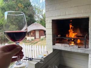 a person holding a glass of wine in front of a fireplace at Mont Rouge in Clarens