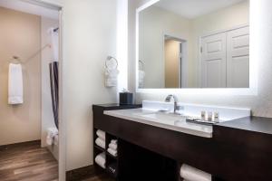 a bathroom with a sink and a mirror at La Quinta by Wyndham Clearwater Central in Clearwater