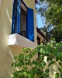 a blue door on a building with a window at Brasileranza Hostel in Niterói
