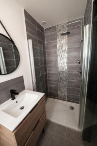 La salle de bains est pourvue d'une douche et d'un lavabo. dans l'établissement Explore the World 1, à Perpignan