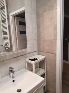 W łazience znajduje się biała umywalka i lustro. w obiekcie Sun Apartment Katowice Chorzów w mieście Katowice