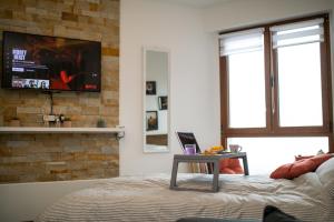 a bedroom with a bed and a tv on a brick wall at Milmari MINART S40 in Kopaonik