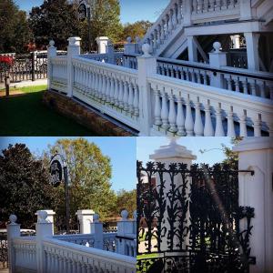 a collage of photos of a white fence at The Hotel Magnolia in Foley
