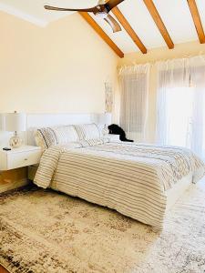 una camera con un grande letto e un gatto seduto sopra di Hamilton Cove-Boho Chic Villa w/Golf Cart...No pets. ad Avalon