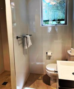 a bathroom with a toilet a sink and a shower at The Hastings Beach Houses in Noosa Heads