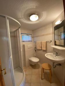 ein Bad mit einem WC, einem Waschbecken und einer Dusche in der Unterkunft Ferienpark-Eichenwald in Dranske