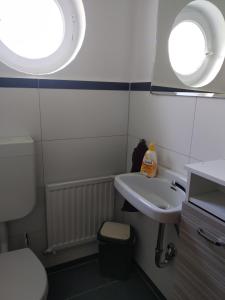 een badkamer met een wastafel, een toilet en een raam bij Ferienwohnung Betz in Riedenburg