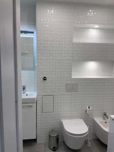 a white bathroom with a toilet and a sink at White Apartment in Iwonicz-Zdrój