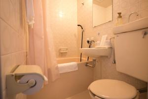 a small bathroom with a toilet and a sink at Heiwadai Hotel Otemon in Fukuoka
