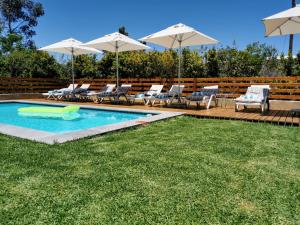 a swimming pool with chairs and umbrellas on a deck at A Hilltop Country Retreat in Swellendam