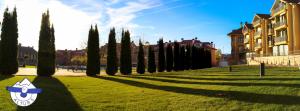 a row of trees in a park with a building at Altur 5 Jaca in Jaca