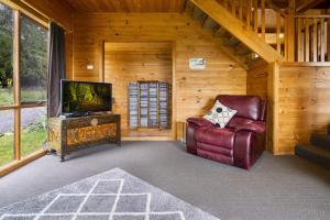 a living room with a television and a chair at Mole Creek Cabins in Mole Creek