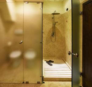 a shower stall in a bathroom with a glass door at Hotel Costa dei Fiori in Santa Margherita di Pula