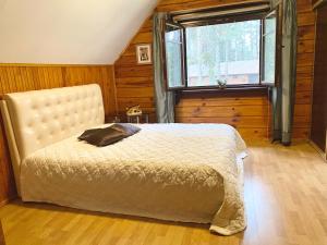 a bedroom with a bed and a large window at Rojaus Slenis in Druskininkai