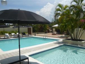 a swimming pool with an umbrella and chairs and a table at Villa Los Almendros - 2 pools and private tennis court in Baní