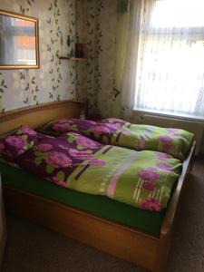 a bed with a green and pink comforter and a window at Ferienwohnung bunte Stadt an der Elde in Grabow