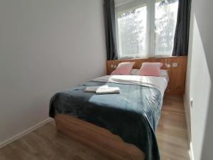 a bedroom with a bed with pink pillows and a window at City Apartments Studio in Zgorzelec